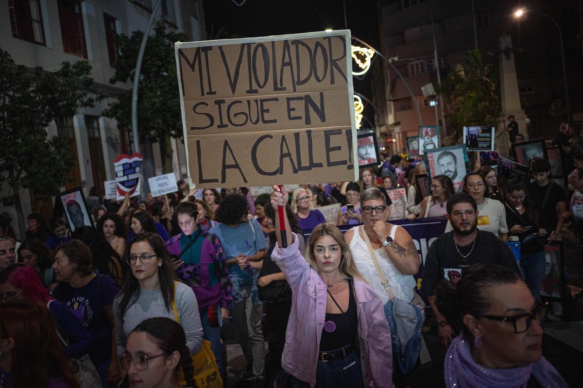Una joven sostiene una pancarta en la manifestación del 25-N