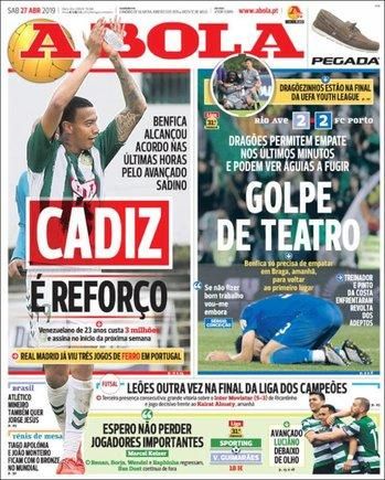 Portada A BOLA sábado 27 de abril de 2019