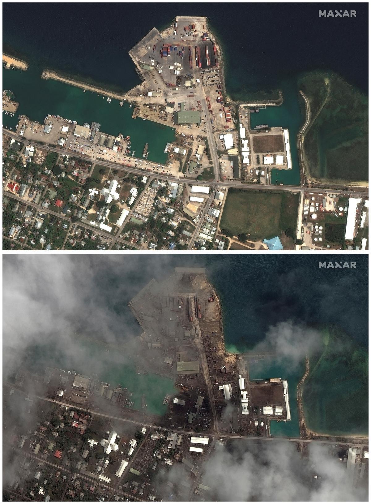 Imagen por satélite del puerto de Nuku’alofa, en Tonga, antes y después de la erupción del volcán.