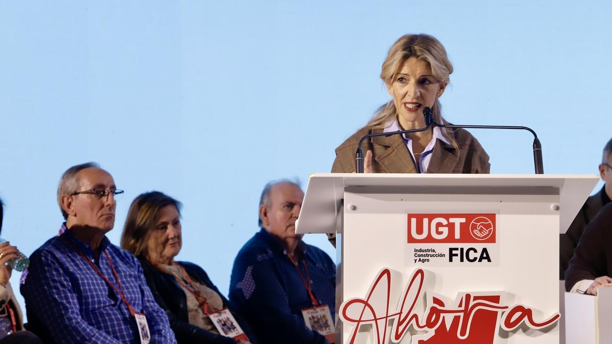 La vicepresidenta segunda del Gobierno, Yolanda Díaz, este miércoles en el Congreso de UGT FICA en Málaga.