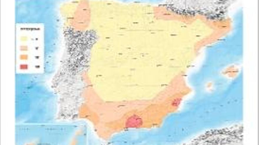 Mapa de peligrosidad sísmica en España en 500 años.