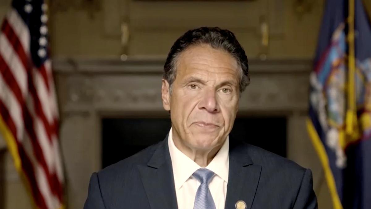 New York Governor Andrew Cuomo makes a statement in a pre-recorded video