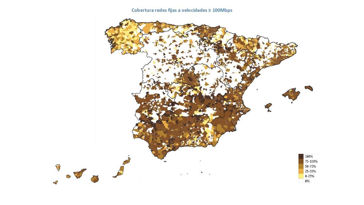 En el mapa de cobertura de banda ancha en España a junio de 2020 destacan las numerosas zonas sombreadas en la provincia de Huesca.