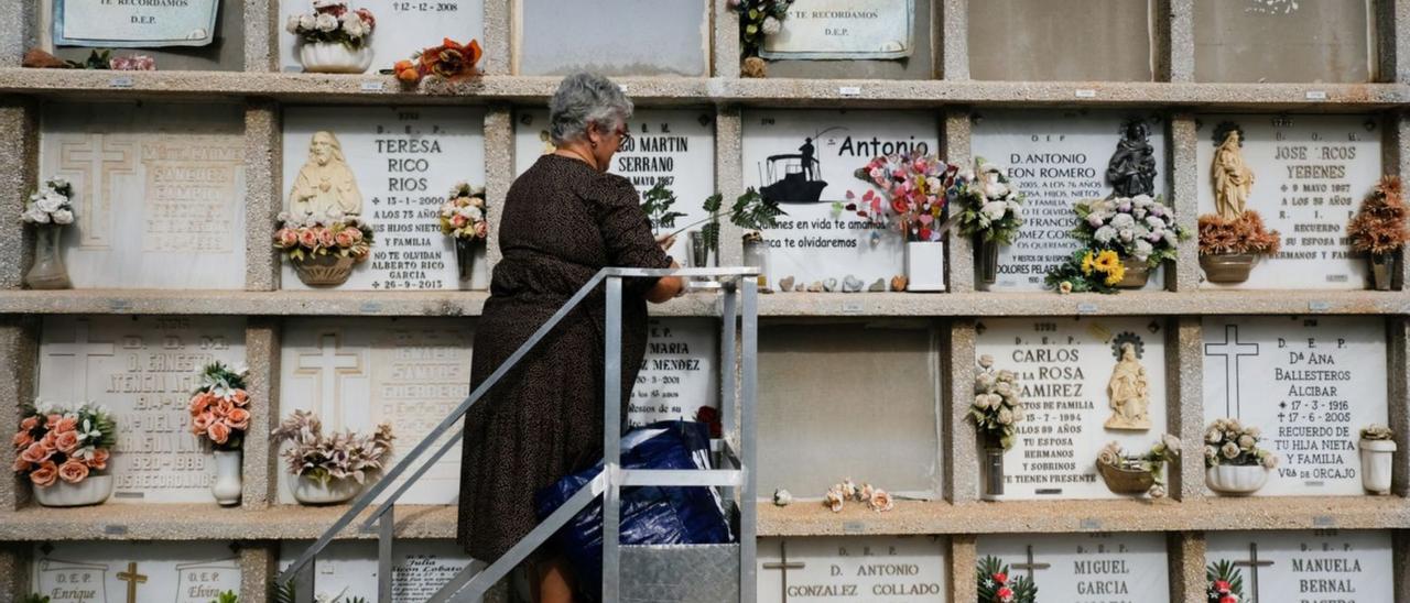 Una mujer limpia una lápida en Parcemasa.