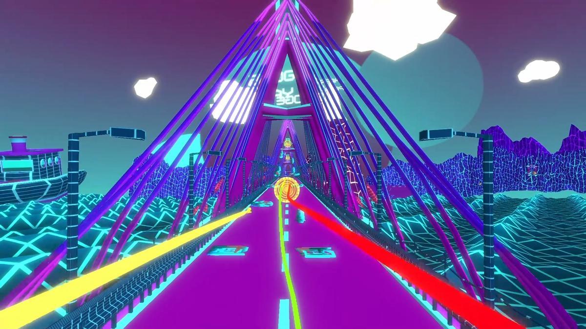Una captura de pantalla en plena carrera del videojuego Neon Hat.