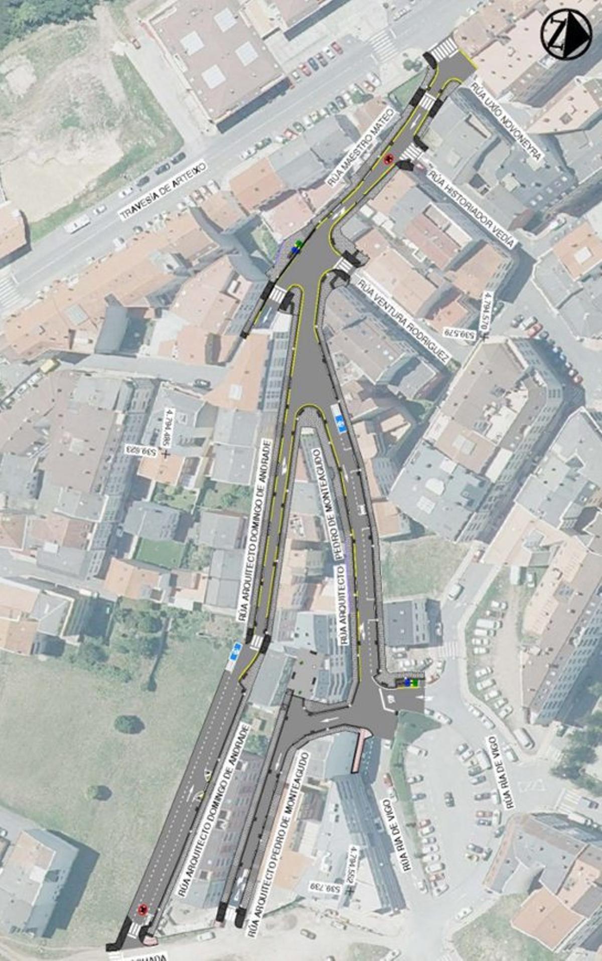 Planos del ámbito de actuación en las calles de Domingo de Andrade y Pedro de Monteagudo y la zona de las Repúblicas.// LOC