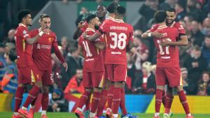 05 November 2024, United Kingdom, Liverpool: Liverpools Cody Gakpo (R) celebrates scoring his sides second goal with teammates during the UEFA Champions League soccer match between Bayer Leverkusen and Liverpool FC at the Anfield stadium. Photo: Federico Gambarini/dpa 05/11/2024 ONLY FOR USE IN SPAIN. Federico Gambarini/dpa;Sports;soccer;football;sports;UEFA Champions League - Liverpool FC vs Bayer Leverkusen