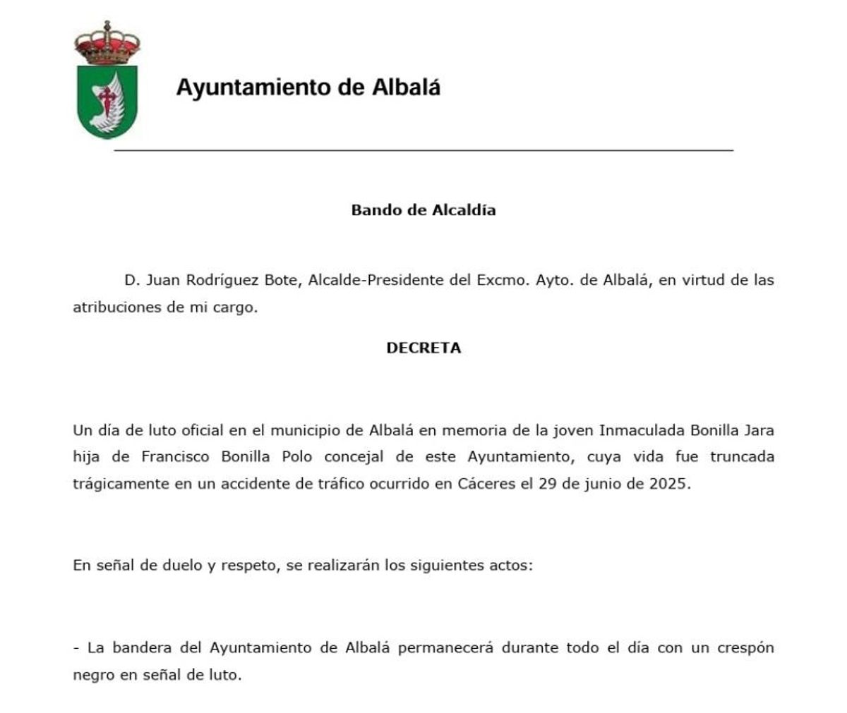 Bando del ayuntamiento de Albalá.
