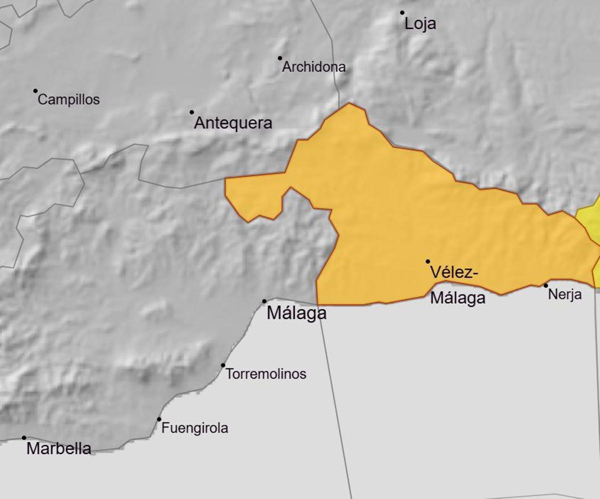 Mapa del aviso naranja en Málaga de la AEMET