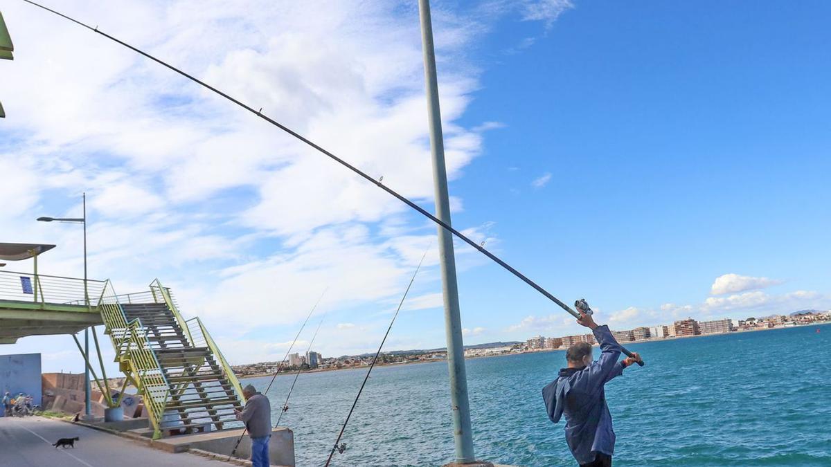 Pescadores con caña en el puerto de Torrevieja. | TONY SEVILLA