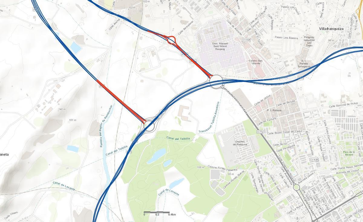 En rojo, los tramos peligrosos situados entre Alicante y San Vicente. El de la izquierda esel enlace con la autovía de Alcoy y el de la derecha el acceso a San Vicente desde la rotonda de la UA