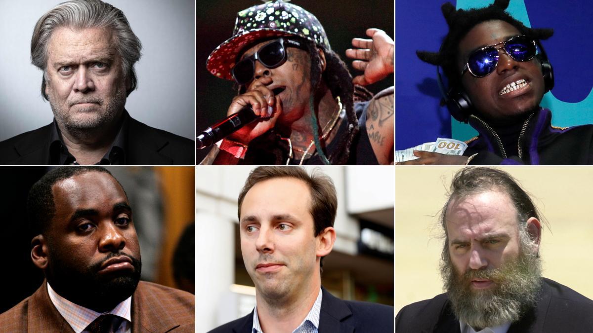 Steve Bannon, Lil Wayne, Kodak Black, Kwame Kilpatrick, Anthony Levandowski, Sholam Weiss, de izquierda a derecha y de arriba a abajo.