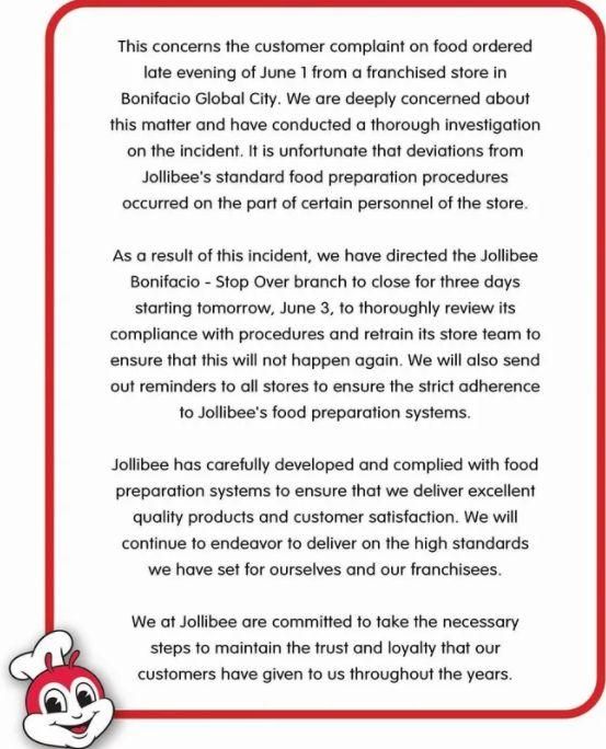 Comunicado de disculpas y medidas de Jollibee Food a raíz del incidente