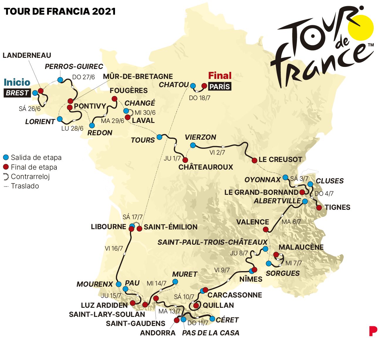 Mapa del recorrido del Tour de Francia 2021
