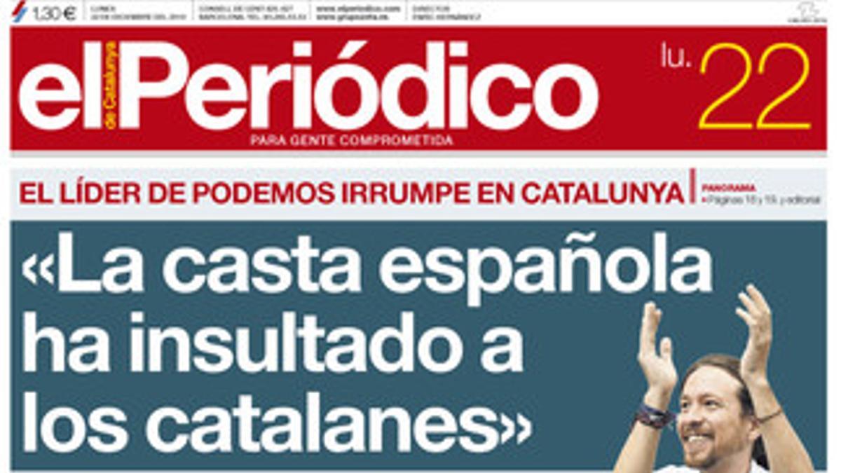 La portada de EL PERIÓDICO DE CATALUNYA del lunes, 22 de diciembre.