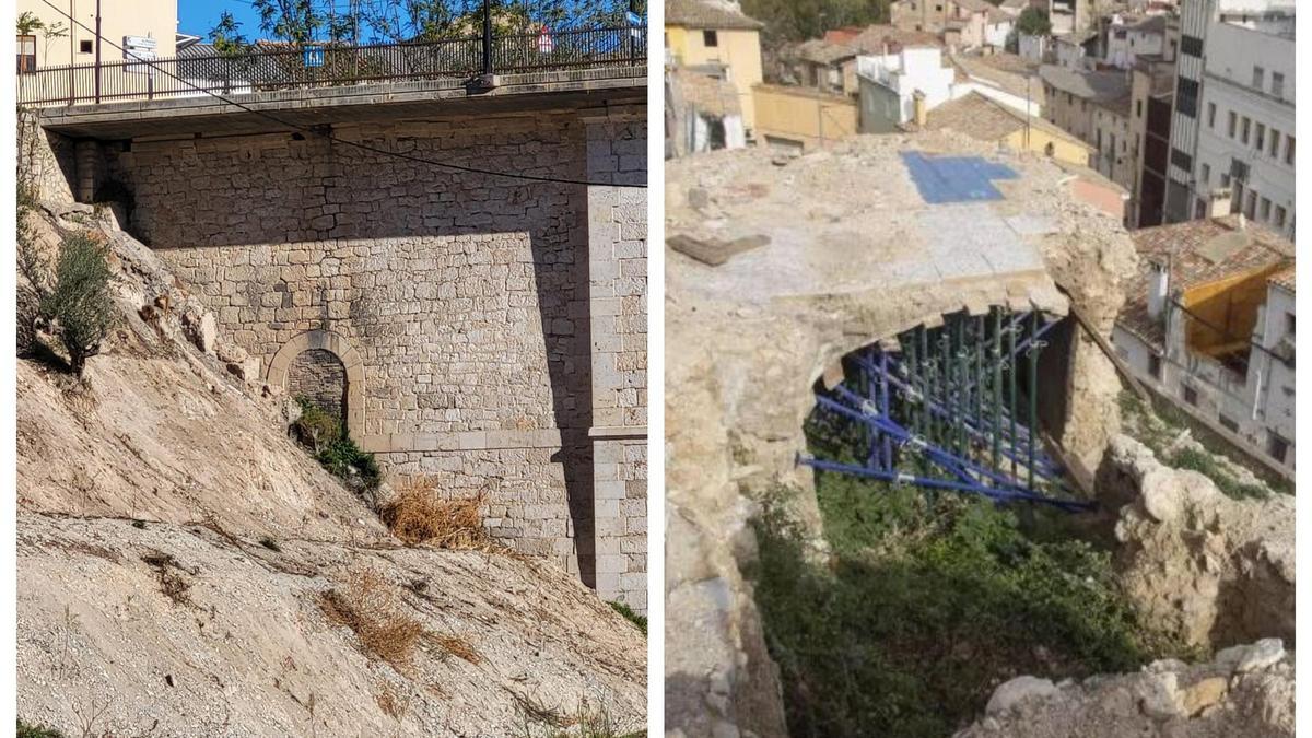A la izquierda, el «ullal» que ha aparecido durante unos trabajos de desbroce en el Pont de Paduana. A la derecha, la bóveda que afloró durante las obras de la Muralla Sur de la Vila.