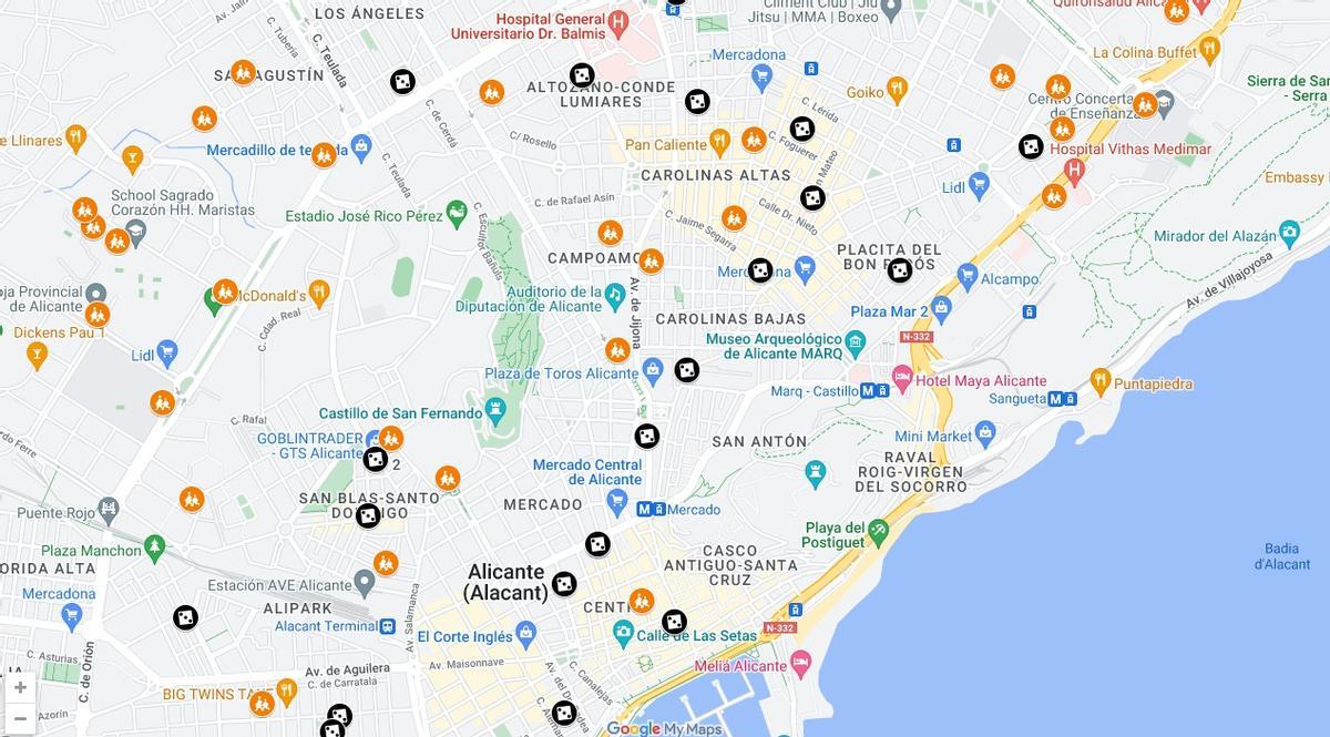 Mapa con las casas de apuestas y los colegios de Alicante, elaborado por Compromís.