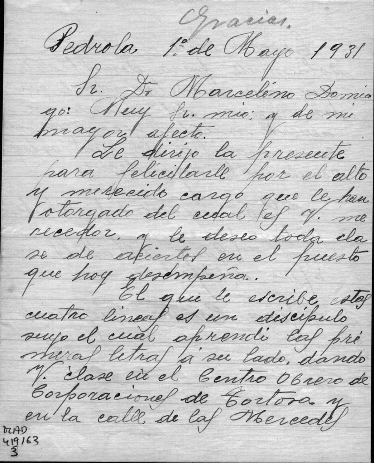 Carta de Juan Cuesta Figueras, vecino de Pedrola, al ministro Marcelino Domingo.