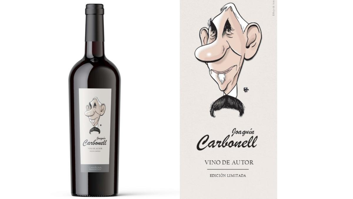 Botella de vino y etiqueta en homenaje a Joaquín Carbonell