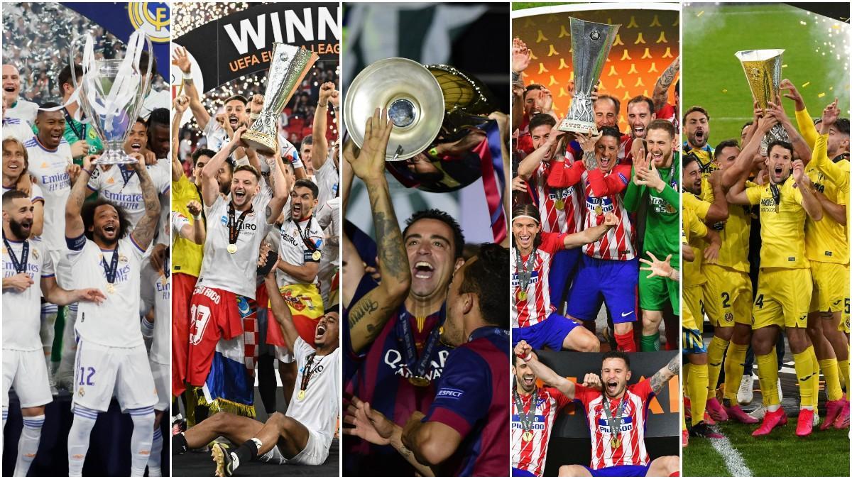 Real Madrid, Sevilla, Barça, Atlético de Madrid y Villarreal alzando sus últimos títulos europeos