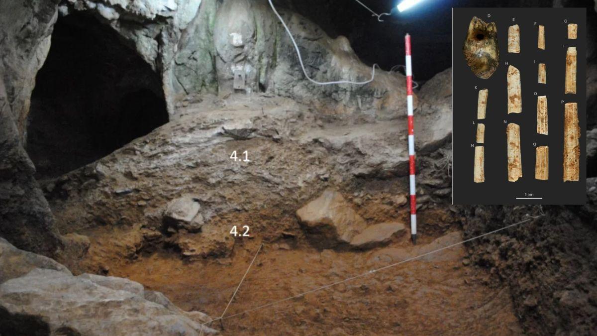 Interior de la cueva de Valdavara 1 durante la realización de los trabajos y algunos de los restos óseos encontrados