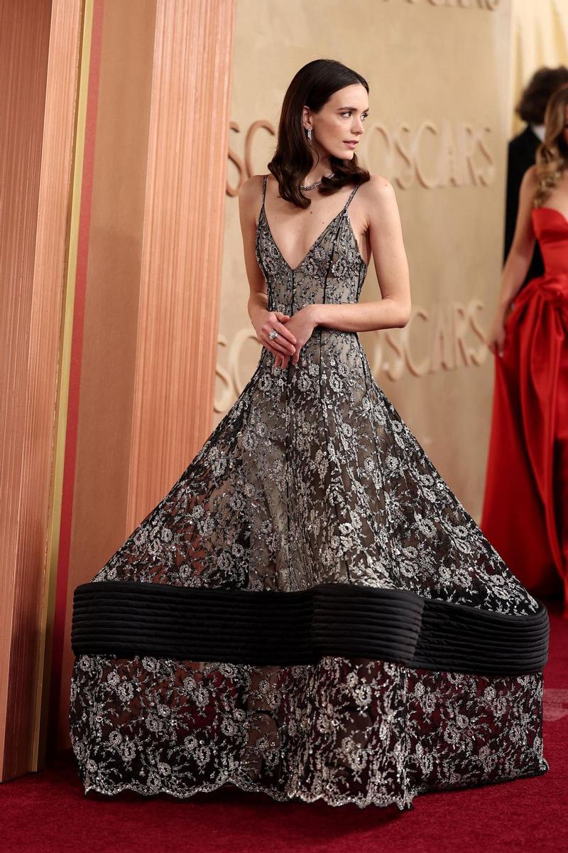 Stacy Martin Black Sheer Floral Embroidered 2025 Oscars Gown