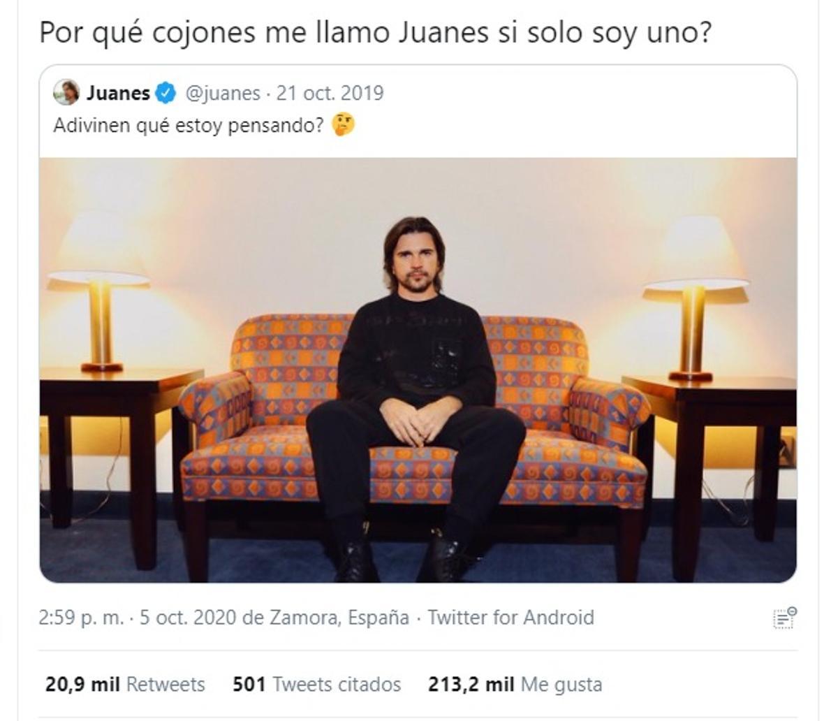 Captura del tuit viral del zamorano preguntando a Juanes.