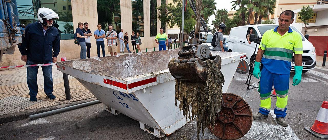 Retirada de toallitas y residuos sólidos del pozo de un colector en la entrada de la avenida de España. | VICENT MARÍ