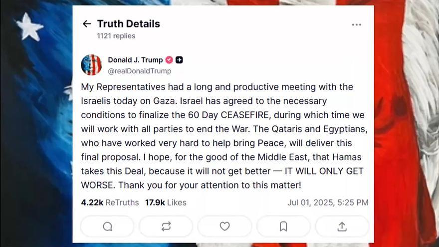Trump anuncia que Israel aceptaría un alto el fuego en Gaza de 60 días