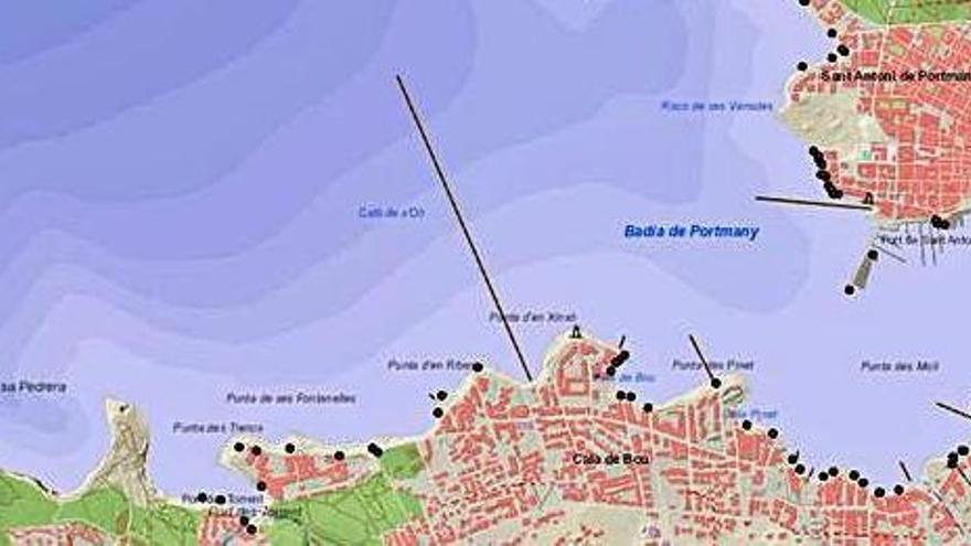 Cada punto negro en el mapa de la bahía de Sant Antoni representa un desagüe.