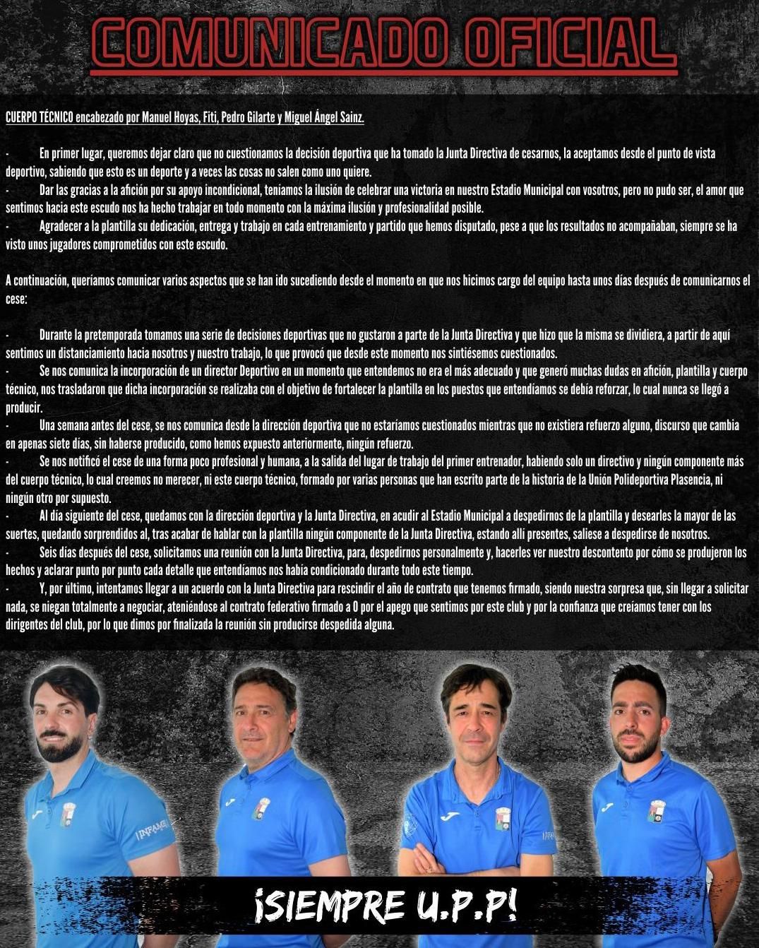 Comunicado de Manolo Hoyas y su cuerpo técnico.