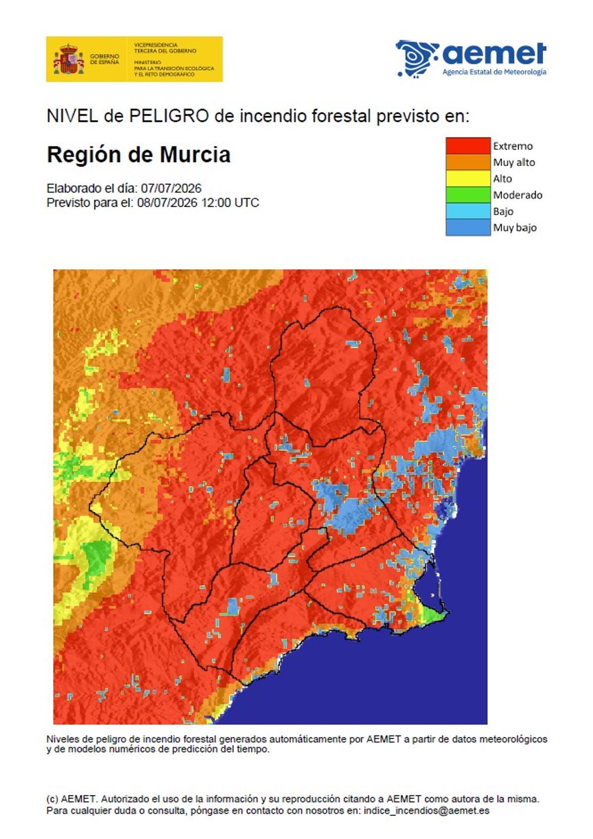 Mapa con el nivel de riesgo de incendio forestal