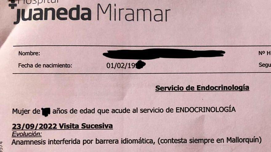 Polémica por un informe médico que señala de una paciente que &quot;contesta siempre en mallorquín&quot;