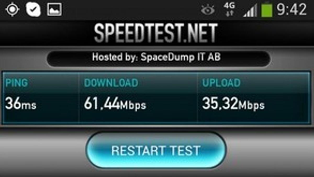 Prueba real en una red de 4G, con una velocidad de descarga de más de 60 megas por segundo.