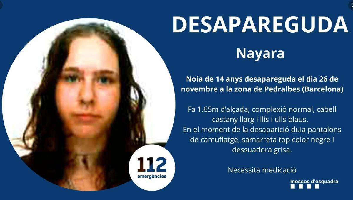 Els Mossos busquen Nayara, una jove de 14 anys desapareguda a Barcelona fa quatre dies