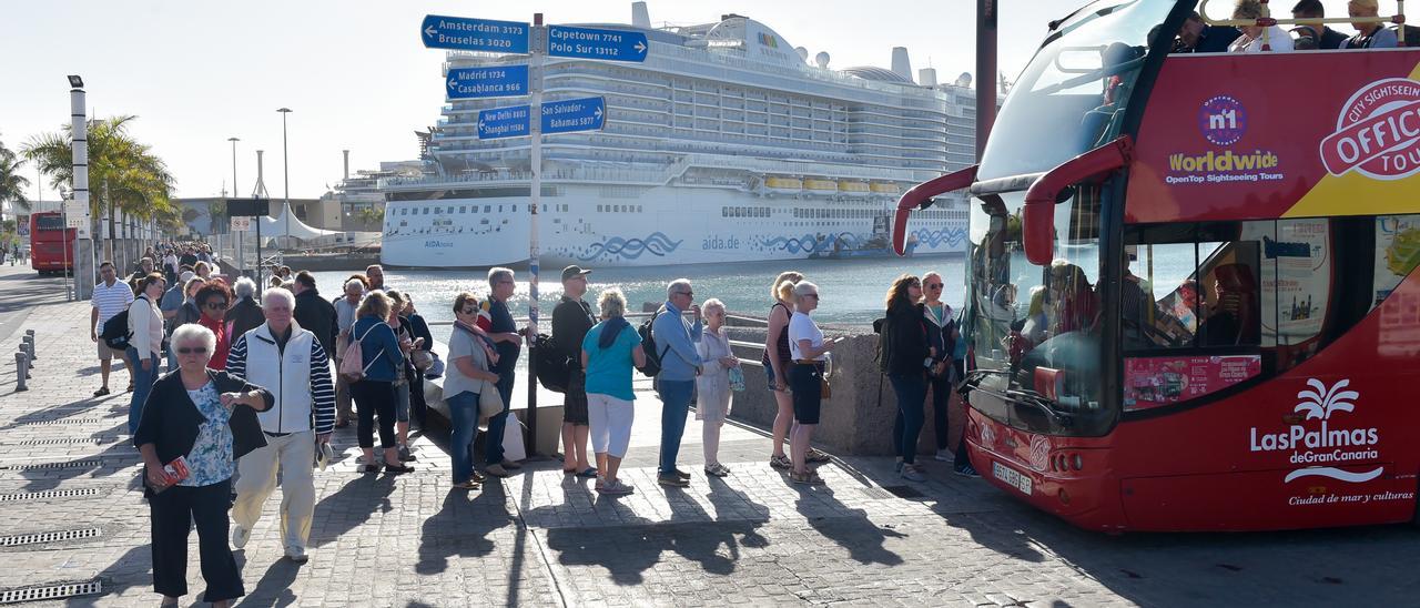 Cruceristas en cola para acceder a la guagua turística en Las Palmas de Gran Canaria antes del comienzo de la pandemia.