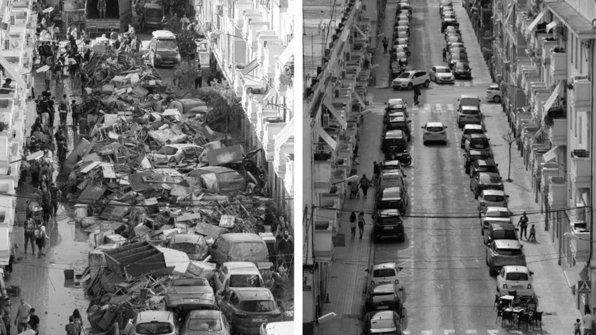 A la izquierda la calle San Ramón en Paiporta el 30 de octubre de 2024. A la derecha, la calle San Ramón en Paiporta en la actualidad.