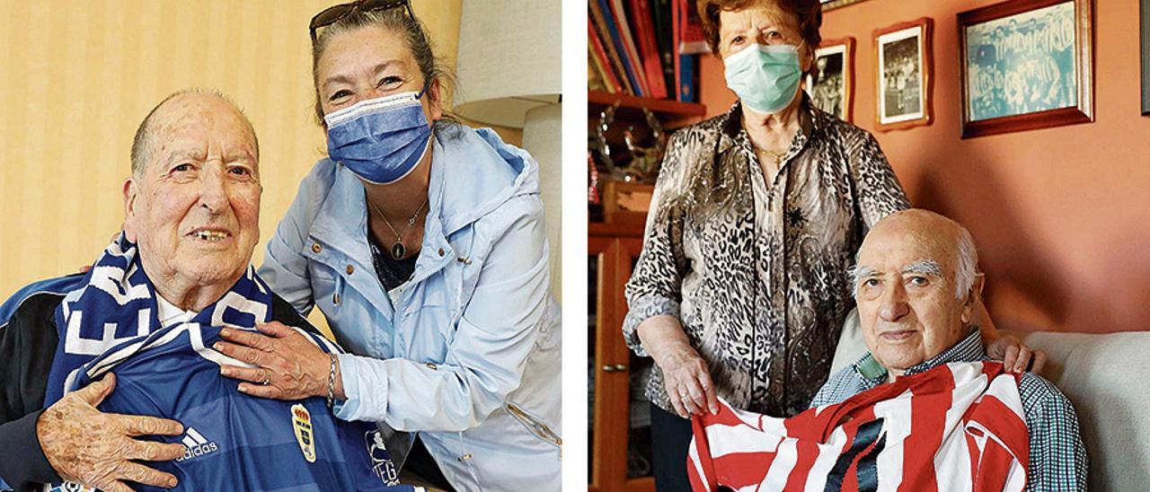 Lalo, 85 años, interior izquierdo de los azules, junto a su hija Isabela Gómez y Medina, 89 años, defensa de los rojiblancos, con su mujer, Acacia Peláez.