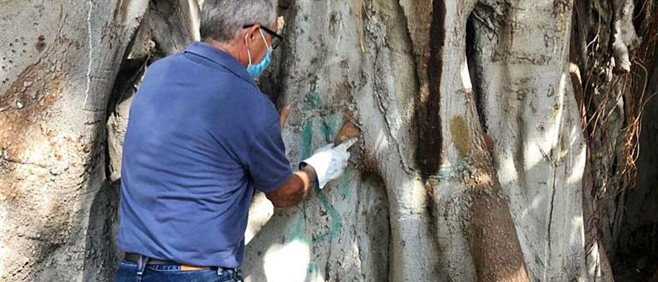 Tareas para quitar las pintadas, que al final han fracasado.