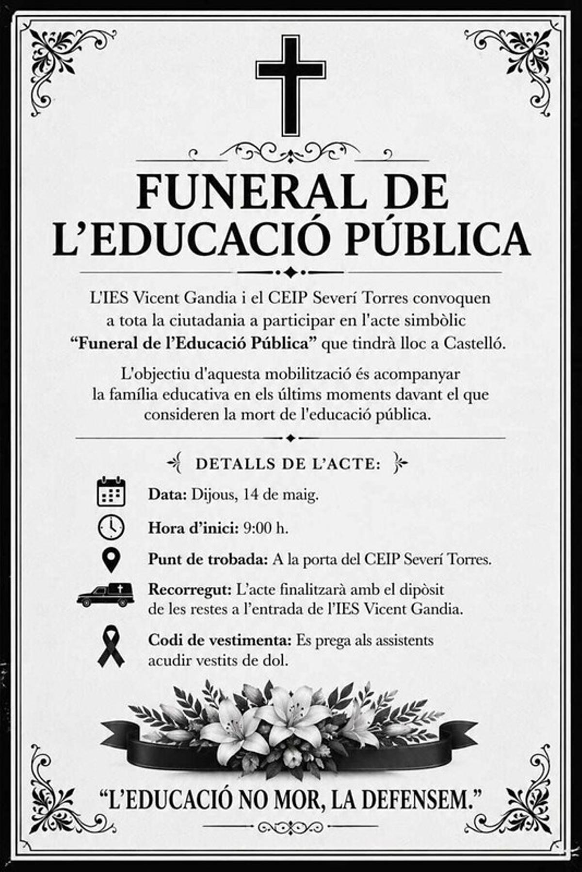 Así ha discurrido el 'entierro' por la educación pública protagonizado por docentes y familias en Castelló