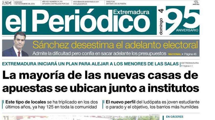 Esta es la portada de EL PERIÓDICO EXTREMADURA correspondiente al día 4 de noviembre del 2018