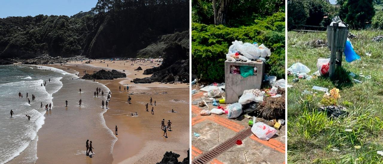 A la izquierda, ambiente veraniego en una de las playas de Perlora. A la derecha, varias imágenes desoladoras de diversos rincones de Perlora en las que se aprecia la falta de limpieza, con basura por el suelo.