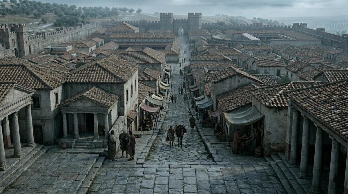 Vista de la puerta norte con el foro a la izquierda a medio camino.