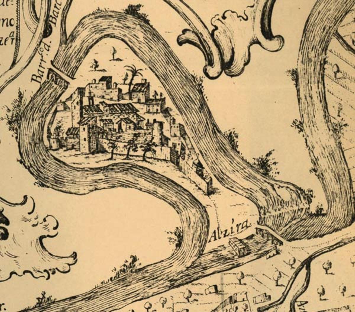 Antic plànol que mostra Alzira com una illa.