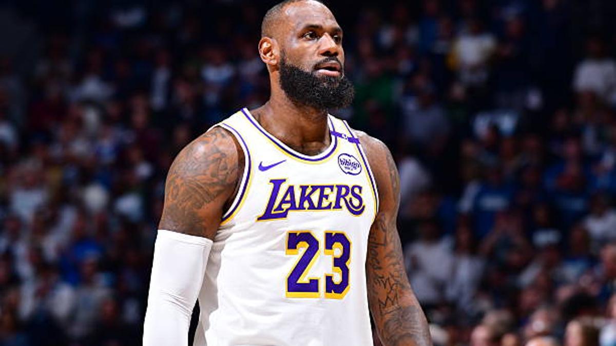 MINNEAPOLIS, MN - APRIL 27: LeBron James #23 of the Los Angeles Lakers looks on during the game against the Minnesota Timberwolves during Round 1 Game 4 of the 2025 NBA Playoffs on April 27, 2025 at Target Center in Minneapolis, Minnesota. NOTE TO USER: User expressly acknowledges and agrees that, by downloading and or using this Photograph, user is consenting to the terms and conditions of the Getty Images License Agreement. Mandatory Copyright Notice: Copyright 2025 NBAE (Photo by Barry Gossage/NBAE via Getty Images)