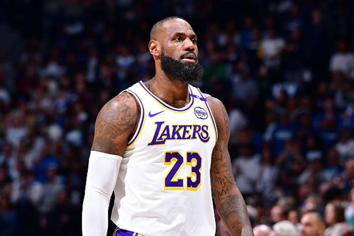 MINNEAPOLIS, MN -  APRIL 27: LeBron James #23 of the Los Angeles Lakers looks on during the game against the Minnesota Timberwolves during Round 1 Game 4 of the 2025 NBA Playoffs on April 27, 2025 at Target Center in Minneapolis, Minnesota. NOTE TO USER: User expressly acknowledges and agrees that, by downloading and or using this Photograph, user is consenting to the terms and conditions of the Getty Images License Agreement. Mandatory Copyright Notice: Copyright 2025 NBAE (Photo by Barry Gossage/NBAE via Getty Images)