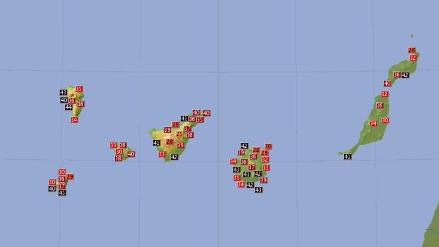 Mapa de temperaturas máximas registradas hoy en Canarias