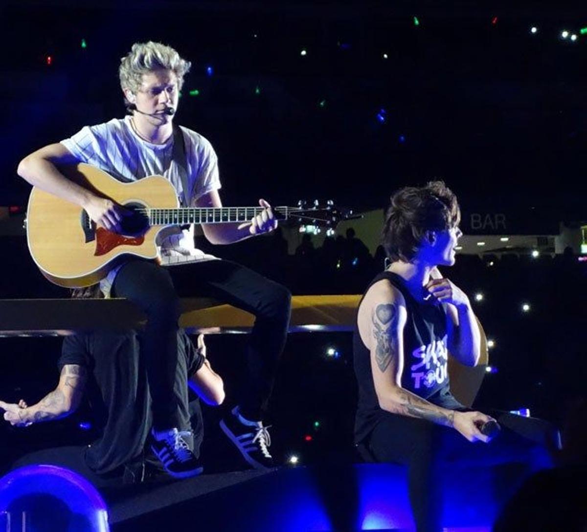 Niall Horan toca la guitarra mientras Louis Tomlinson está sentado sobre el escenario de Sídney