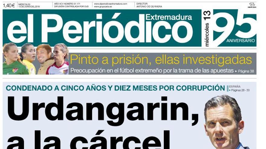 Esta es la portada de EL PERIÓDICO EXTREMADURA correspondiente al día 13 de junio del 2018