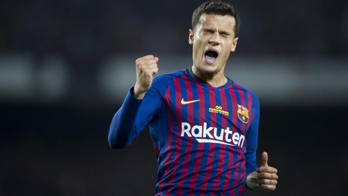 Coutinho celebra un gol esta temporada en el Camp Nou